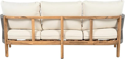 Christopher Knight Home Havets 77"W Outdoor 3 Seater Sofa, 6" Thick Cushion Couch, Acacia Wood Bench Sofa, Comfy Woven Rope Armchair, Spacious Seating Bench Couch for Backyard Garden Porch, Gray+Beige