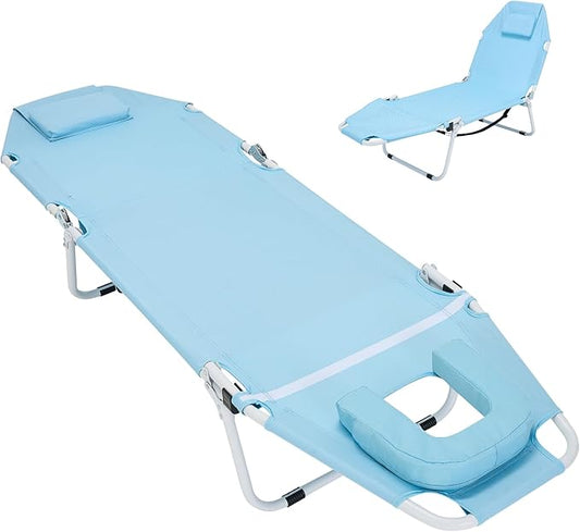LILYPELLE Folding Chaise Lounge Chair with Mattress, 5 Position Beach Chair with Face Hole, Patio Chaise Lounge Chairs for Outside, Sunbathing, Camping, Pool, Beach, Poolside