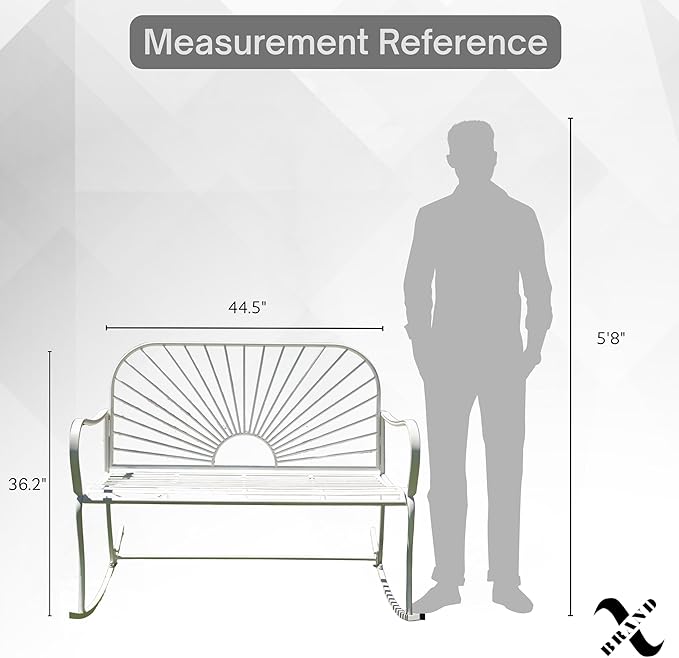 XBrand 44.5" L Iron Sun-Patterned Seat for Two Indoor/Outdoor Rocking Bench, Durable Patio Rocking Bench, White - Photo 4