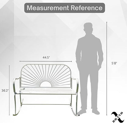 XBrand 44.5" L Iron Sun-Patterned Seat for Two Indoor/Outdoor Rocking Bench, Durable Patio Rocking Bench, White