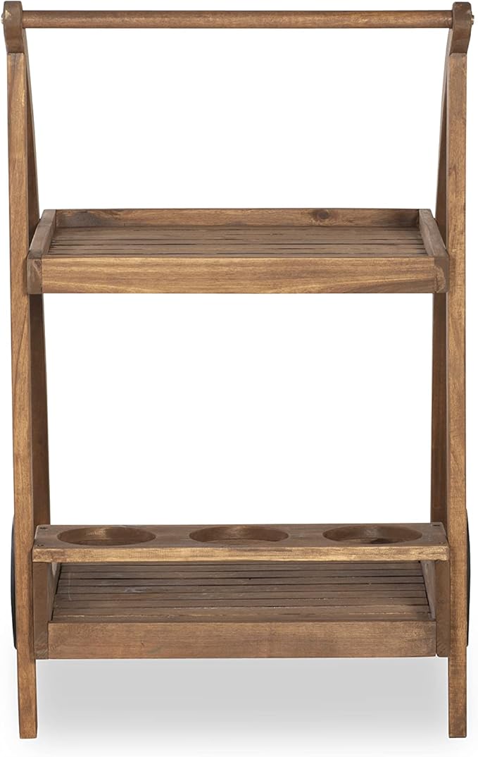 Linon Chandler Acorn Finished Acacia Wood Outdoor Bar Trolley with Three Bottle Glass Holders