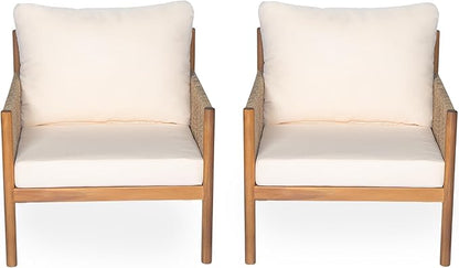 Christopher Knight Home Barris Lounge Chair Outdoor Set of 2, Patio Accent Chair, Comfy Reading Extra Seat, Wooden Frame+Rope Woven+Removable Cushion, for Garden/Backyard/Balcony/Poolside,Teak+Beige