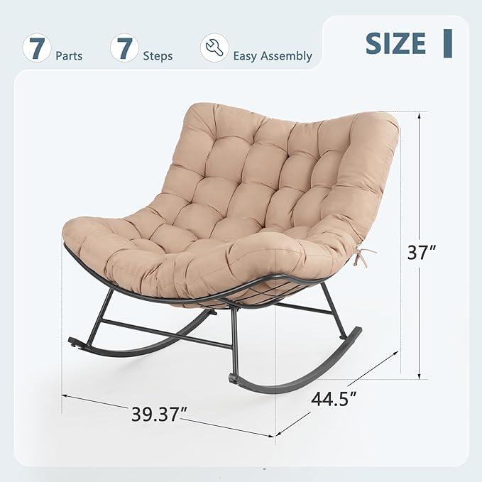Cushioned Papasan Rocking Chair for Outdoor Indoor, Oversized Outdoor Rocking Chair with Cushion, Egg Rocker for Patio, Porch, Balcony, Lawn, Bedroom, Living Room, Beige