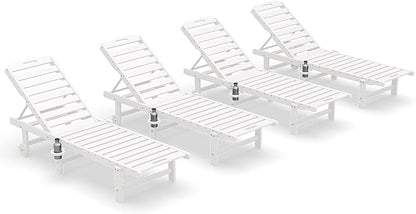 SERWALL Patio Chaise Lounge Chair Set of 4, HDPE Outdoor Lounge Chair with Cup Holder, 5 Positions Adjustable Pool Lounger with Rolling Wheels for Poolside, Deck, Sunbathing, White
