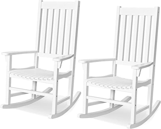 Tangkula Acacia Wood Porch Rocking Chair Set, Wooden Rocking Chair Rocker with High Back & Armrest for Indoor Outdoor Use, Patio Rocker for Garden Lawn Balcony Backyard Poolside (2, White)