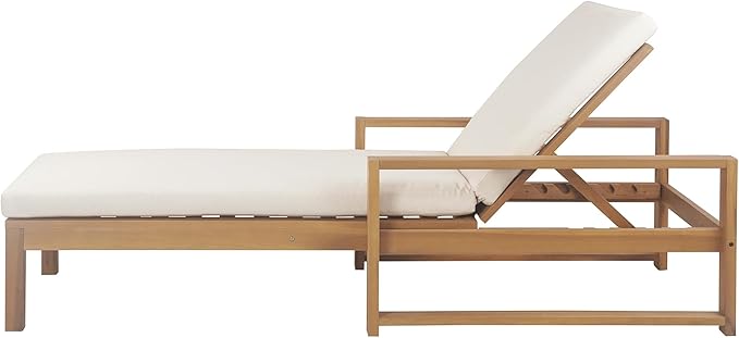 LZ LEISURE ZONE Outdoor Chaise Lounge, 5-Position Adjustable Lounge Chair with Cushion & Adjustable Backrest, Sun Lounger for Backyard, Garden, Poolside (Light Teak + Beige Cushion)