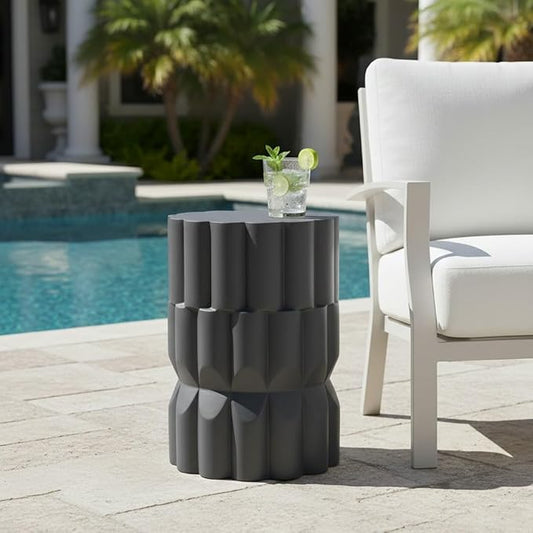 Christopher Knight Home Ella Lightweight Modern Concrete Outdoor Side Table, Patio End Table with Geometric Stacked Design, MGO Outdoor Coffee Table, No Assembly Garden Plant Stand Indoor, Black