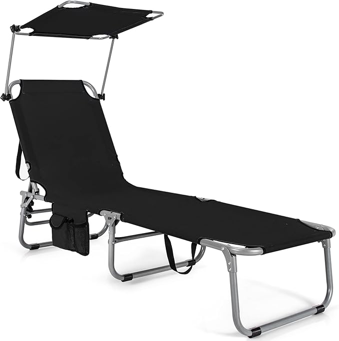 Giantex Outdoor Folding Chaise Lounge, Portable Tanning Chair with 5 Adjustable Positions, 360° Canopy Shade - Photo 1