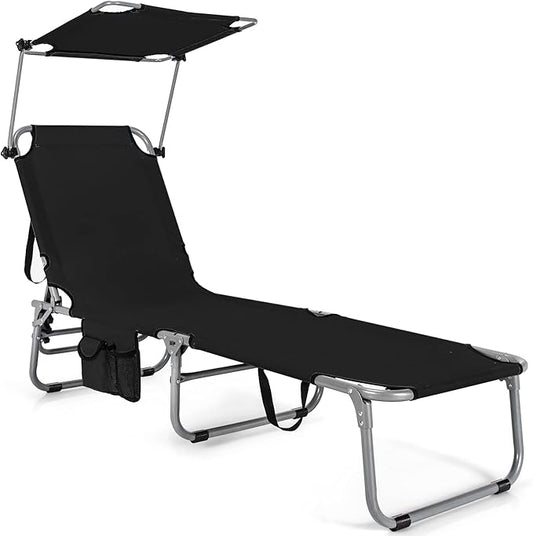 Giantex Outdoor Folding Chaise Lounge, Portable Tanning Chair with 5 Adjustable Positions, 360° Canopy Shade, Storage Pocket, Patio Lounge Chair for Beach, Lawn Sunbathing Chair(1, Black)