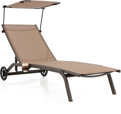 Giantex Outdoor Chaise Lounge Chair, Tanning Chair with Sunshade and Smooth Wheels, 6-Level Adjustable Position, Cup Holder, Metal Frame, Patio Chaise Lounge for Sunbathing, Yard, Poolside (1)