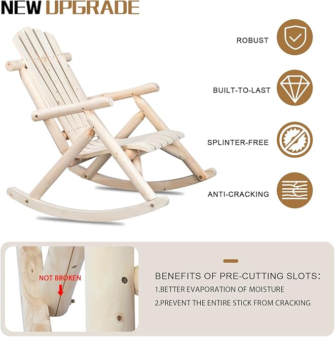 Outvita Wooden Rocking Chair, Fir Log Adirondack Rocker, Outdoor Wood Accent Furniture Lounge Chairs for Garden Patio Backyard Porch (Natural Finish)