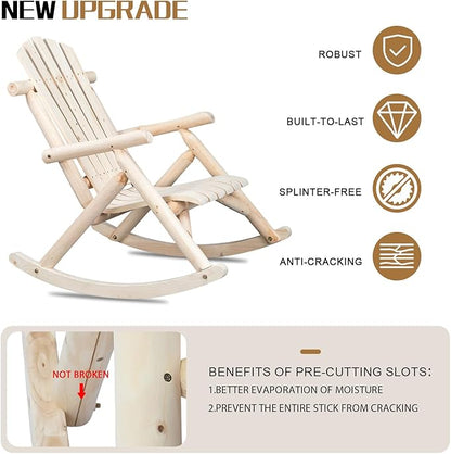 Outvita Wooden Rocking Chair Set of 2, Fir Log Adirondack Rocker, Outdoor Wood Accent Furniture Lounge Chairs for Garden Patio Backyard Porch (Natural Finish)