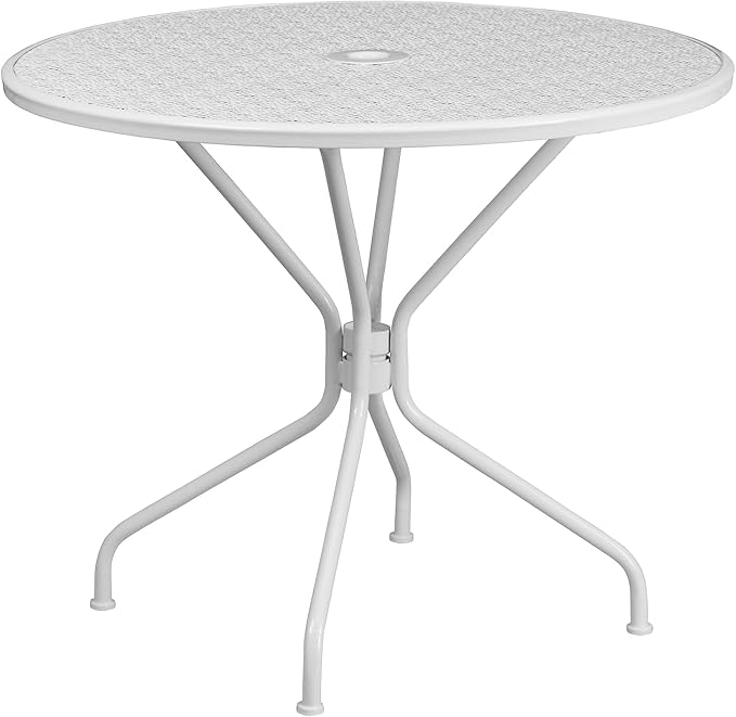 Flash Furniture Oia Commercial Grade 35.25" Round White Indoor-Outdoor Steel Patio Table with Umbrella Hole