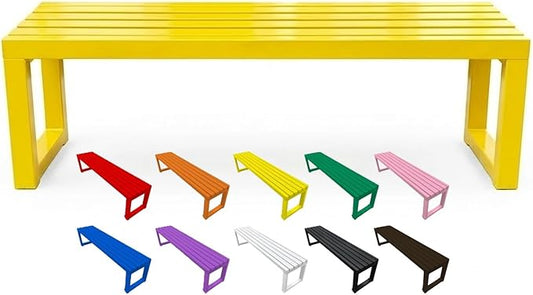 Backless Outdoor Bench, 3.3ft 3.9ft 4.9ft 5.9ft Metal Garden Bench, 880lbs Weatherproof Patio Dining Benches, 2-Person Slatted Seat for Park Porch Yard Deck Lawn(Yellow,3.3ft)