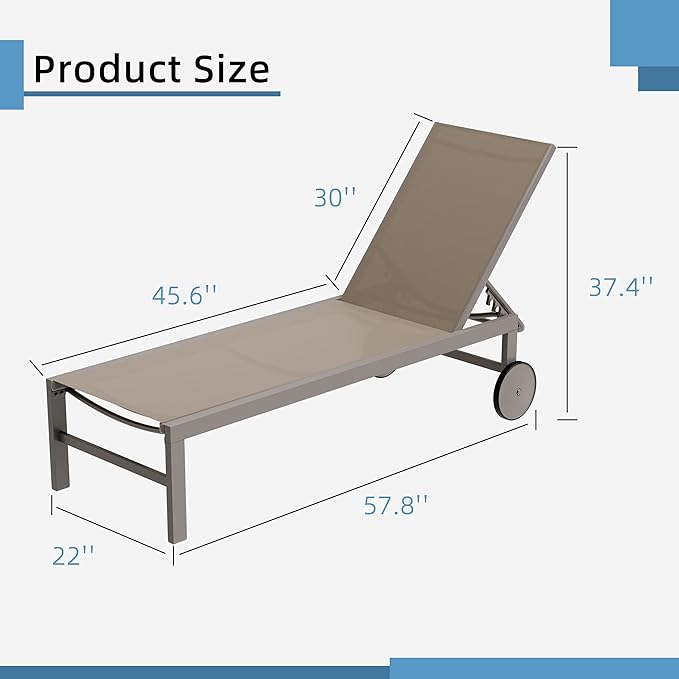 Shintenchi 2 PCS Outdoor Chaise Lounges Chair with Wheels Aluminum Reclining Patio Lounge Chairs with 5 Adjustable - Photo 3