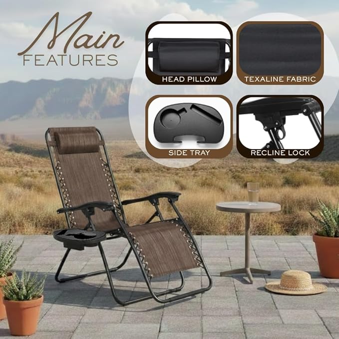 2-Pack Adjustable Zero Gravity Lounge Chair with Steel Mesh Fabric: Reclining Lawn Chair Featuring Comfort Pillow - Photo 5