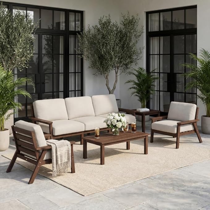 HDPE 5 Piece Patio Furniture Set, Outdoor Couch with Washable Thick Beige Cushions & Coffee Table & Side Table, Outdoor Sectional Furniture for Backyard, Deck, Lawn, Porch (Brown Frame)