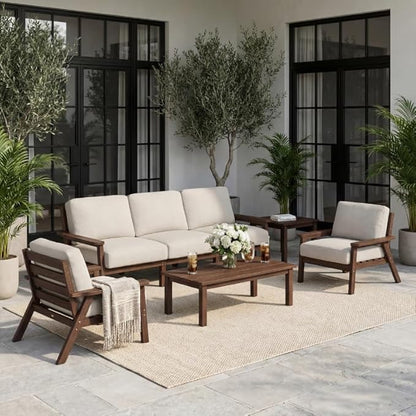 HDPE 5 Piece Patio Furniture Set, Outdoor Couch with Washable Thick Beige Cushions & Coffee Table & Side Table, Outdoor Sectional Furniture for Backyard, Deck, Lawn, Porch (Brown Frame)