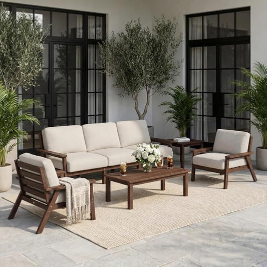 HDPE 5 Piece Patio Furniture Set, Outdoor Couch with Washable Thick Beige Cushions & Coffee Table & Side Table, Outdoor Sectional Furniture for Backyard, Deck, Lawn, Porch (Brown Frame)