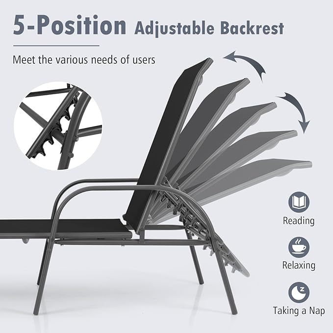 Nightcore Chaise Lounge Chair Outdoor, Pool Chair with 5 Adjustable Backrest, Patio Lounge Chairs with Breathable Fabric - Photo 3