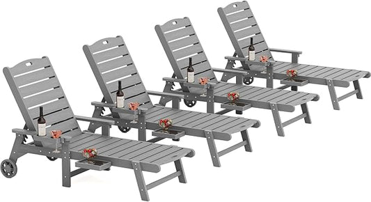YEFU Chaise Lounge Chairs Set of 4 Outdoor,Pool Lounge Chair with Adjustable Backrest,All Weather Patio Lounge Chair with Cup Holder&Armrest,for Outside,Beach,Deck,Heavy Duty,400lbs Capacity(Grey)