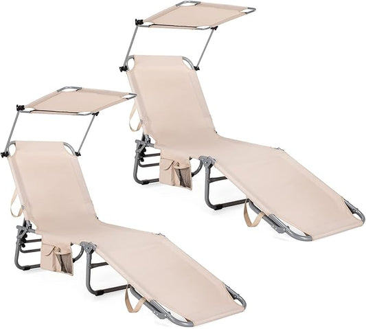 Tangkula Outdoor Folding Chaise Lounge Chair, 5-Fold Reclining Beach Chair, Patio Recliner Chair w/ 360° Canopy Shade & Side Storage Pocket, Portable Chaise Lounge for Beach, Sunbathing (2, Beige)