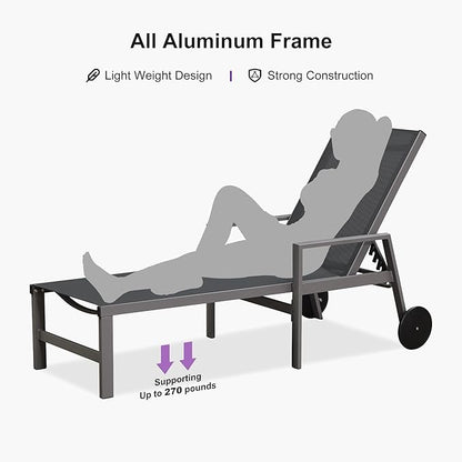 PURPLE LEAF Patio Chaise Lounge Set for 4 Outdoor Pool Lounge Chairs with Armrest and Adjustable Backrest Aluminum Reclining Sunbathing Tanning Chair for Outside Poolside Yard Balcony, Grey
