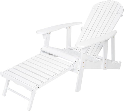 Merax Folding Adjustable Acacia Wood Adirondack Chairs, Water Proof with Retractable Ottoman Outdoor Wooden Lounge Reclining Chair for Garden, Patio, White