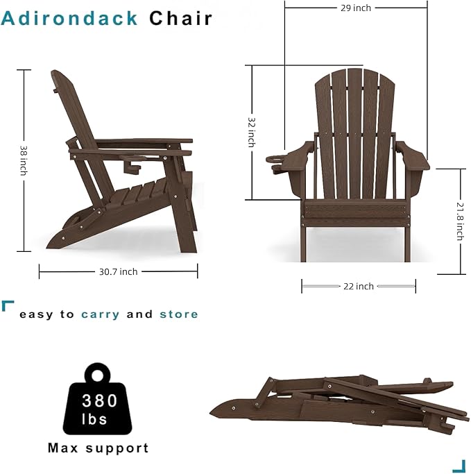 Folding Adirondack Chair, HDPE Outdoor Patio Chair with Cup Holder, All Weather Plastic Lawn Chair with Wide Armrests, Portable Patio Chair for Backyard Deck Garden Fire Pit Poolside, Coffee