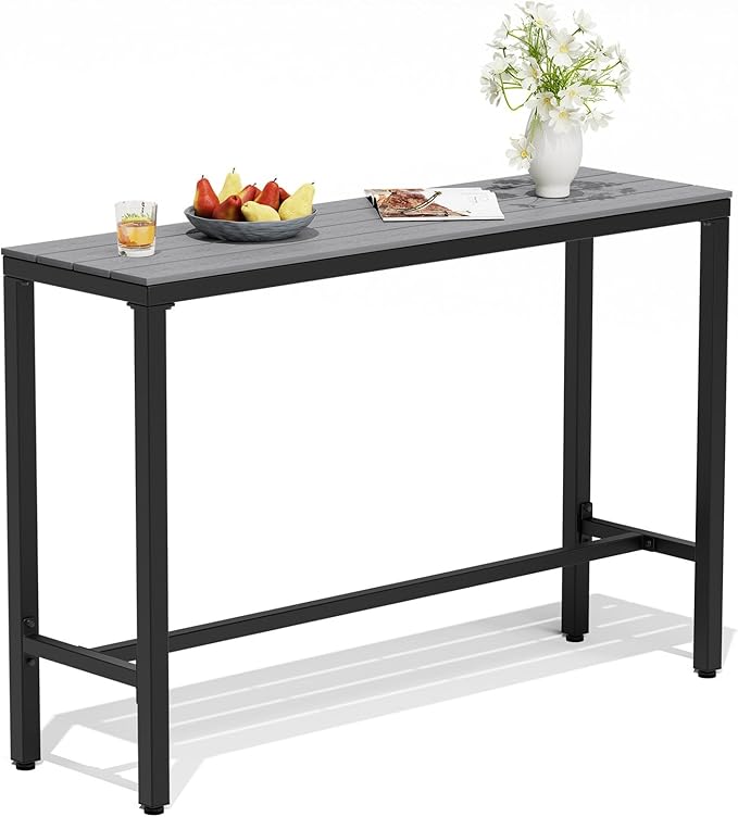 Crestlive Products Outdoor Bar Table, 55'' Rectangle Patio Counter Height Table High Pub Table with Waterproof Top and Sturdy Metal Frame for Balcony, Bistro, Garden, Backyard, Hot Tub (Gray)