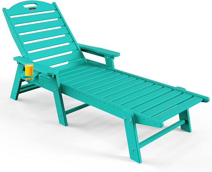 Chaise Lounge Outdoor with 6-Position, Oversized Patio Lounge Chairs with Cup Holder in HDPE, Lounge Chair for Outside Beach Pool, 480LBS, Lake Blue