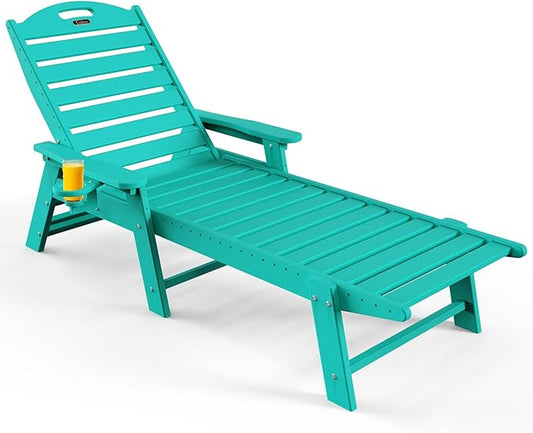 Chaise Lounge Outdoor with 6-Position, Oversized Patio Lounge Chairs with Cup Holder in HDPE, Lounge Chair for Outside Beach Pool, 480LBS, Lake Blue