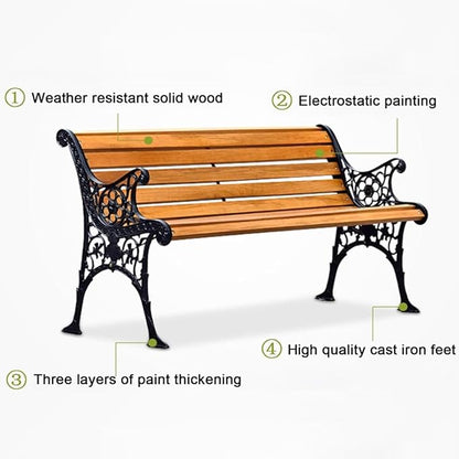 Outdoor Bench, Solid Wood Garden Bench, Metal Bench with Backrest and Armrest, Park Patio Bench for Porch, Lawn(Brown,150cm/59in)