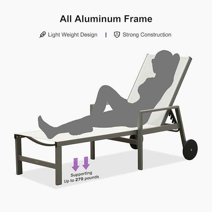 PURPLE LEAF Outdoor Chaise Lounge Set for 4 Aluminum Patio Chaise Lounger Chairs with Armrest and Wheels Adjustable - Photo 8
