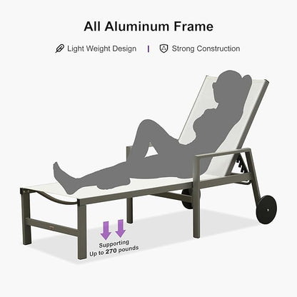 PURPLE LEAF Outdoor Chaise Lounge Set for 4 Aluminum Patio Chaise Lounger Chairs with Armrest and Wheels Adjustable Pool Chaise Lounge Chair for Beach Yard Poolside Table Included, White