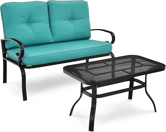 Giantex Patio Loveseat with Coffee Table Outdoor Bench with Cushion and Metal Frame, Loveseat Porch Furniture Set Sofa for Garden, Yard, Patio or Poolside