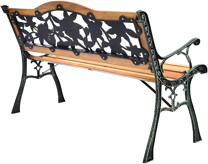 50'' Patio Park Garden Bench, Weather Proof Porch Path Chair, 470BLS Bearing Capacity Outdoor Furniture with Wood Frame, Rugged Durable Cast Iron Structure