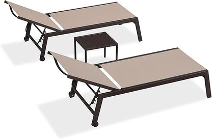 PURPLE LEAF Oversized Patio Lounge Chairs Set of 3, Reclining Pool Lounge Chairs with Side Table and Wheels for All Weather for Outdoor, Deck, Lawn, Aluminum Outside Pool, Taupe