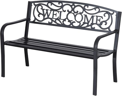 Metal Outdoor Garden Bench with Welcome Design
