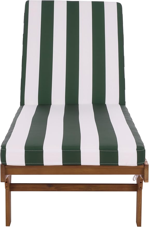 SAFAVIEH Outdoor Patio Furniture Collection - Newport Natural Solid Wood Chaise Lounge Chair with Green Stripe Cushion, Adjustable Backrest (PAT7316H)