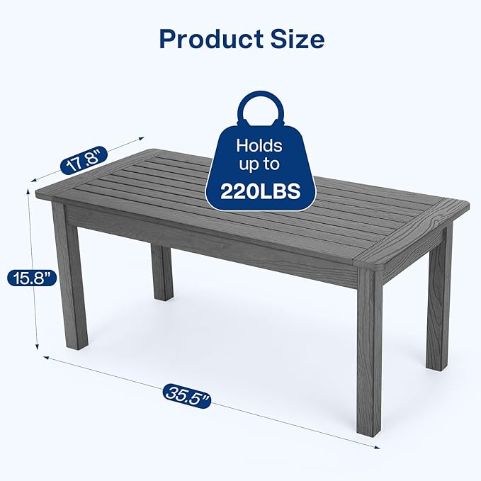 36" Outdoor Coffee Table, Weatherproof HIPS Patio Coffee Tables for Outside, All Weather Outdoor Center Table with 220lbs Capacity for Deck, Garden, Balcony, Indoor, Gray