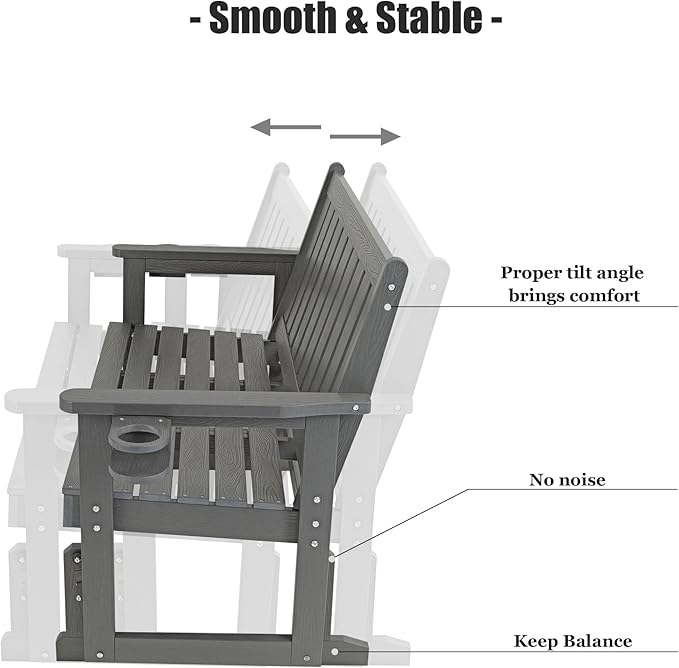 Poly Lumber Patio Glider, HIPS Material Weather-Resistant Swing Bench for Outdoor Porch Garden, Gray - Photo 7
