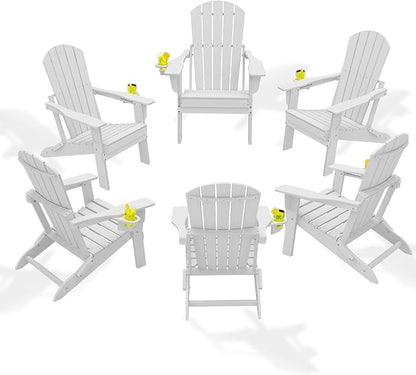 Folding Adirondack Chair Set of 6, HDPE Outdoor Patio Chair with Cup Holder, All Weather Plastic Lawn Chair with Wide Armrests, Portable Patio Chair for Backyard Deck Garden Fire Pit Poolside, White