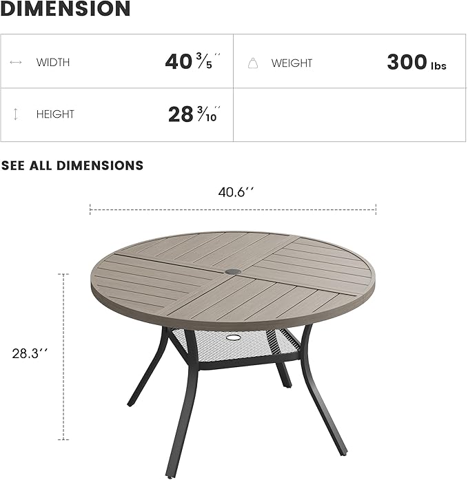 Patio Dining Table for 4, Round Metal Outdoor Table with Storage Shelf, 1.57" Umbrella Hole - Photo 3