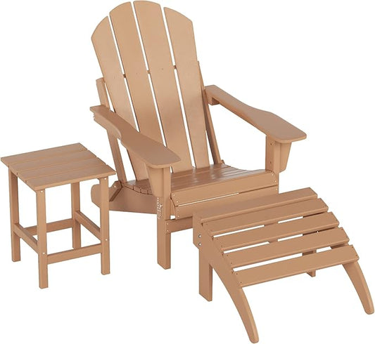 WO Home Furniture 3pc Set - HDPE Poly Adirondack Chair with Ottoman/Footrest and Square Side Table, All Weather and UV Resistant for Outdoor Patio Backyard, Garden, Teak