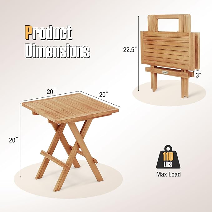 Tangkula Patio Side Table Folding, Teak Wood Square Coffee Table w/X-Shaped Legs & Slatted Tabletop, Portable & Compact Outdoor End Table for Backyard, Deck, Lawn