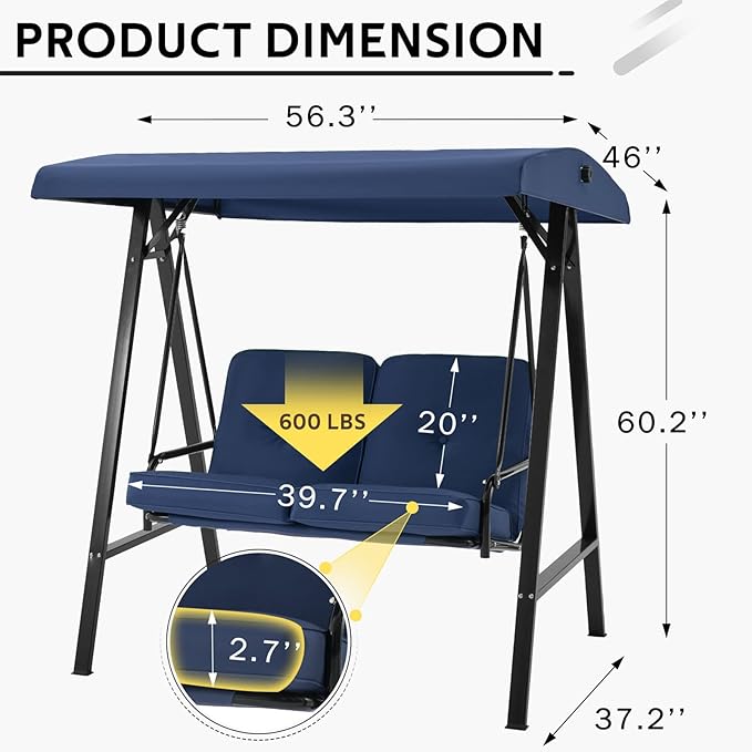 AECOJOY Outdoor Patio Swing Chair for Adults, 2-Seat Porch Swings with Adjustable Canopy - Photo 5