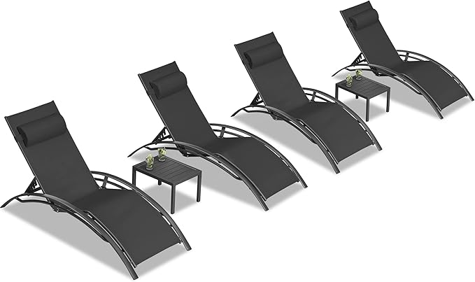 PURPLE LEAF Patio Chaise Lounge Chair Set with 2 Side Table Outdoor Pool Adjustable Recliner Chairs for Outside Beach Poolside Sunbathing Tanning Lounger