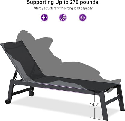 PURPLE LEAF Patio Chaise Lounge Set for 2 Outdoor Chaise Lounge Chair with Aluminum Frame and Easy-to-Move Wheels Pool Lounge Chairs for Deck Yard Poolside Table Included, Charcoal Grey
