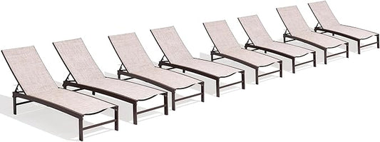 Chaise Lounge Chair, Set of 8 Outdoor Recliner Lounge Chair Sun Loungers, All Weather Chaise with 5 Adjustable Backrest and Lay Flat Positions for Garden, Balcony, Pool, Beige